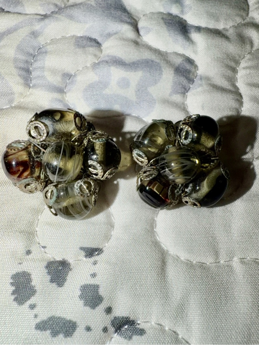 Glass Bead Cluster Clip-On Earrings in Smoky Brown and Olive